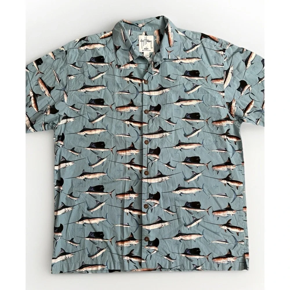 AFTCO‎ Guy Harvey Tropical Fish Print Button Up Short Sleeve Shirt Men's LG Blue